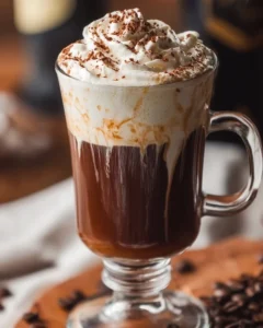 A delicious cup of Baileys Irish Coffee topped with whipped cream and cocoa.