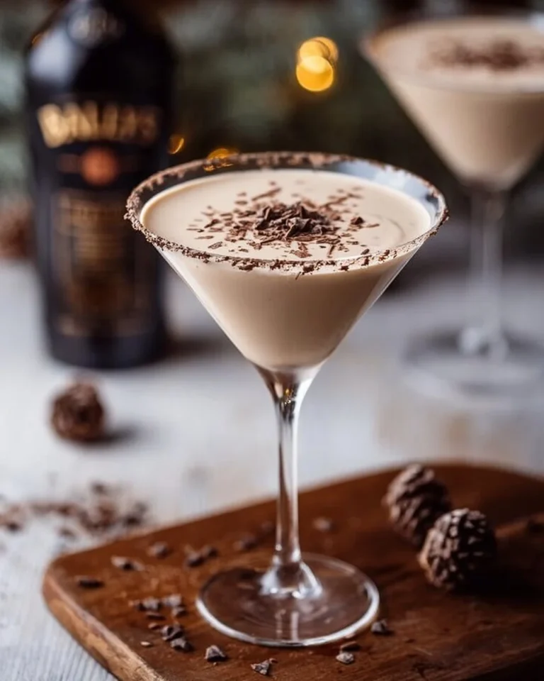 Delicious Baileys Martini garnished with chocolate, served in a classy glass.
