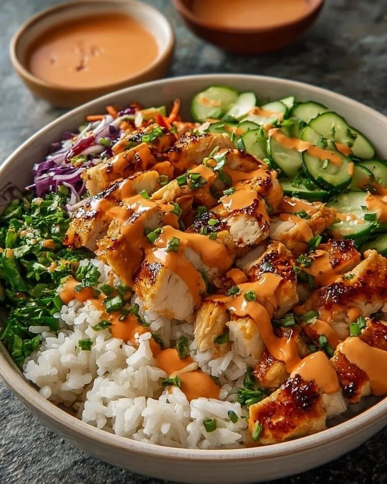 Delicious Bang Bang Chicken Bowl with chicken, sauce, and vegetables