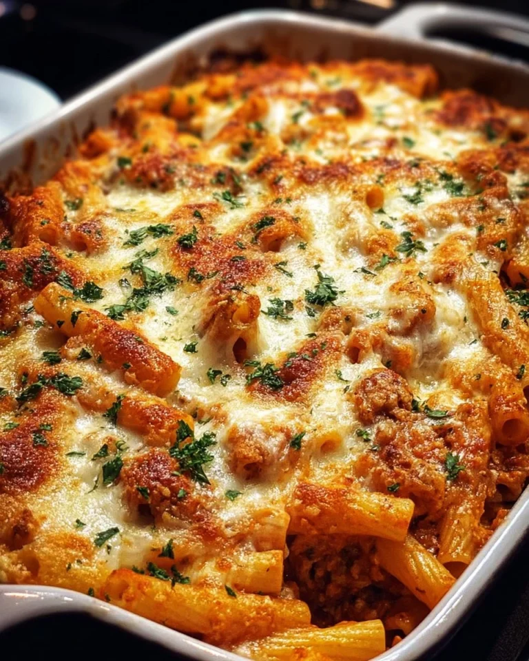 Plate of the best ever baked ziti, topped with melted cheese and sauce.