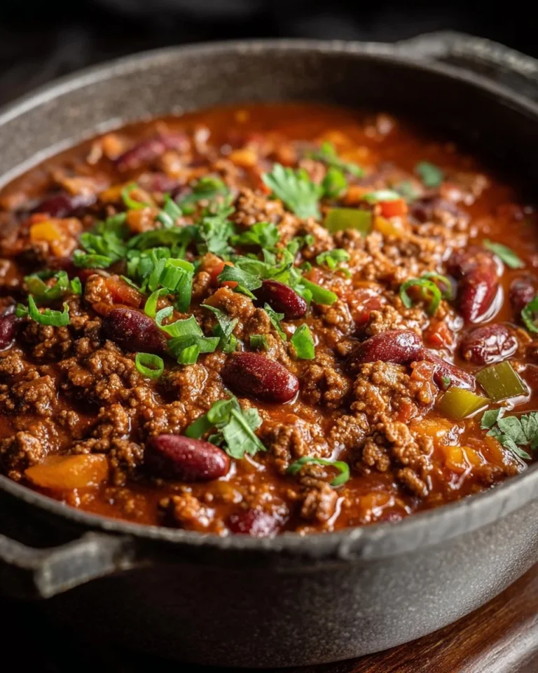 Delicious stovetop ground beef chili simmering in a pot