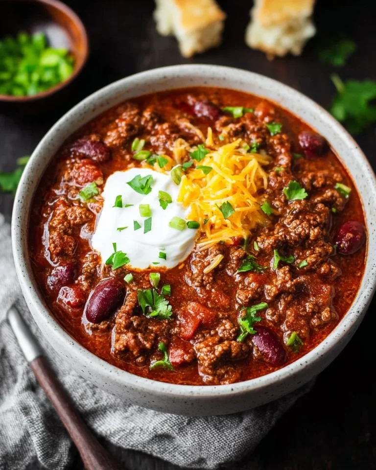 Best ground beef chili dish served in a bowl with toppings