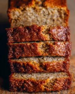 A delicious loaf of moist banana bread sliced and served on a wooden cutting board.