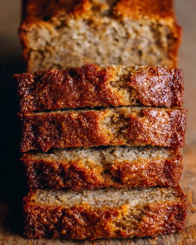 A delicious loaf of moist banana bread sliced and served on a wooden cutting board.