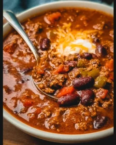 Delicious bowl of old fashioned chili topped with cheese and herbs