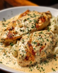 Creamy ranch chicken dish served on a plate with herbs and vegetables.