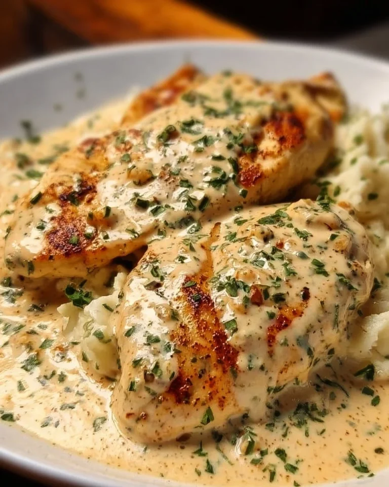 Creamy ranch chicken dish served on a plate with herbs and vegetables.