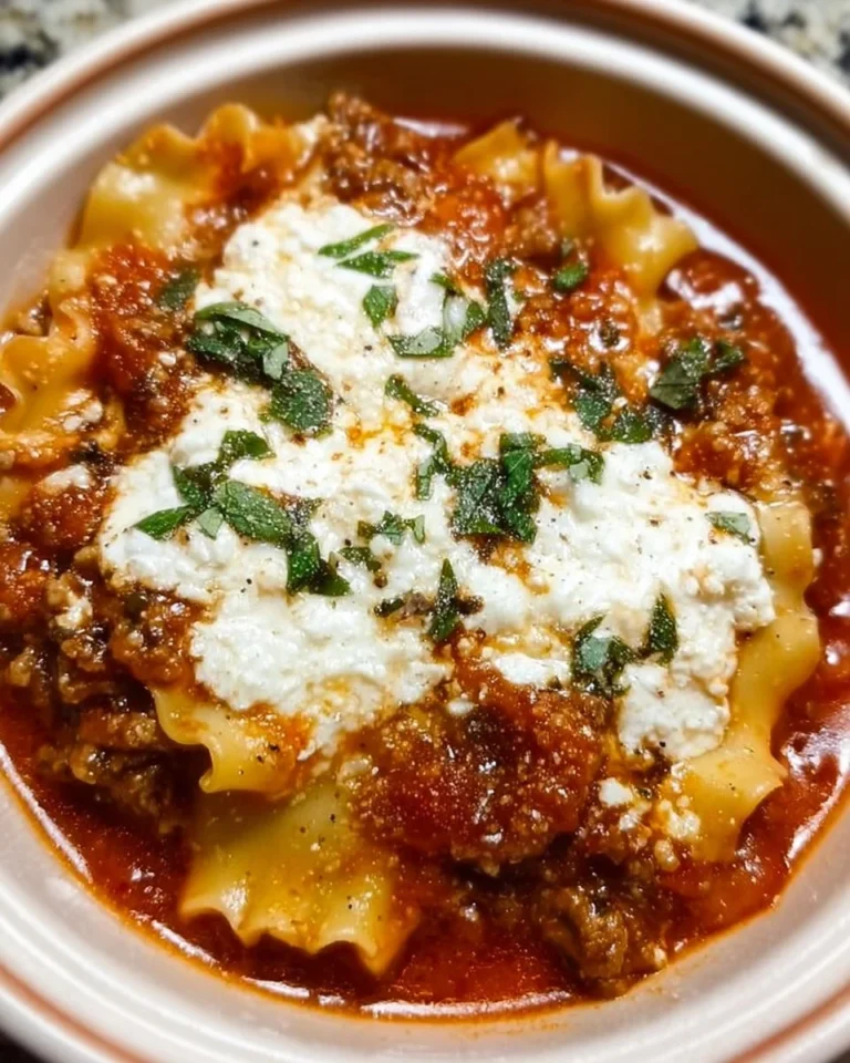 Bowl of Crockpot Lasagna Soup topped with cheese and herbs.