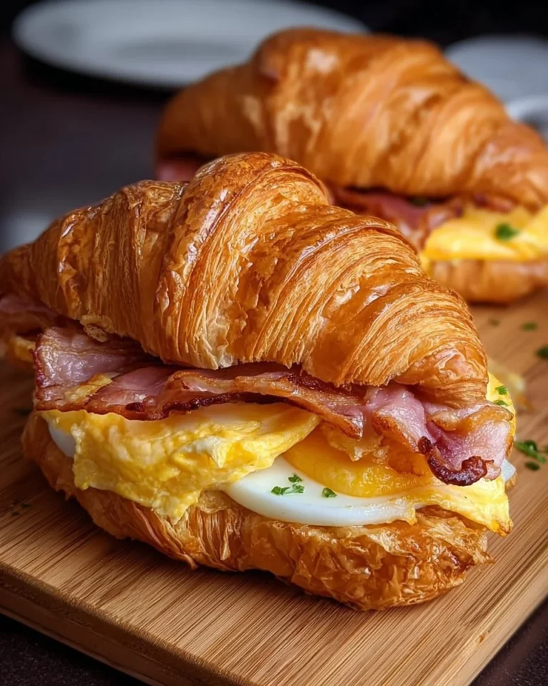 Croissant breakfast sandwiches filled with eggs, cheese, and ham on a rustic table.