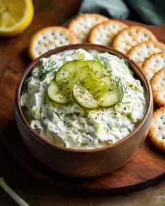 Delicious homemade Dill Pickle Dip served in a bowl with crackers