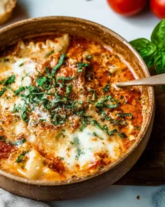 Bowl of easy creamy lasagna soup garnished with basil and cheese
