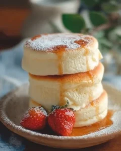 Fluffy Japanese soufflé pancakes stacked with syrup and fruit