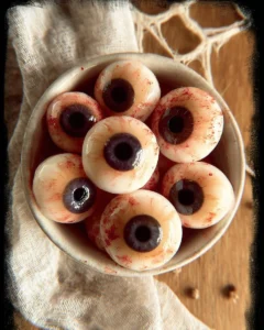 Halloween-themed mozza eyes dish decorated for festive celebrations.