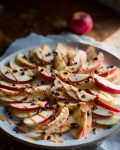 Healthy apple nachos topped with peanut butter and granola for kids' snack