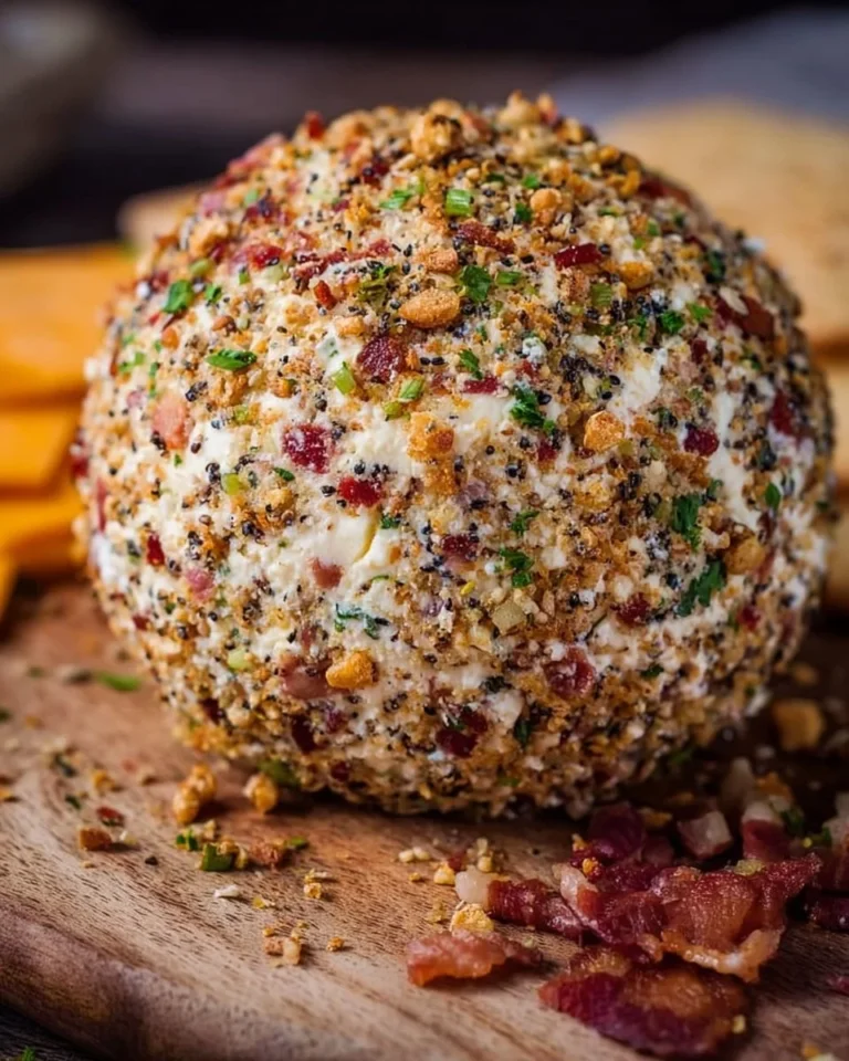 Homemade cheese ball garnished with herbs and served with crackers