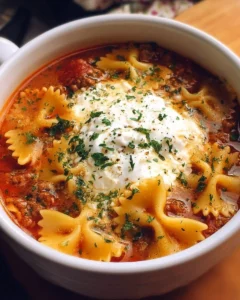 Bowl of homemade lasagna soup with bow tie pasta garnished with herbs