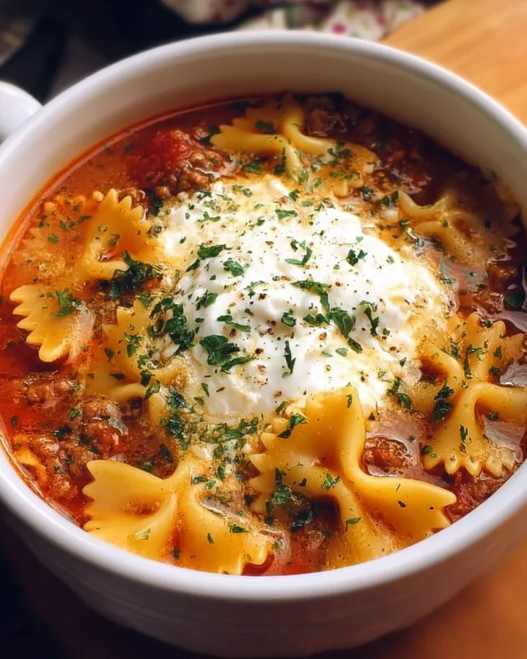 Bowl of homemade lasagna soup with bow tie pasta garnished with herbs