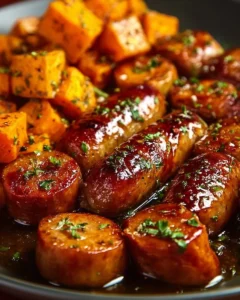 Honey Garlic Sausage served with roasted sweet potatoes on a plate