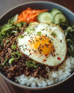 Delicious Korean Ground Beef Bowl topped with fresh vegetables and sesame seeds