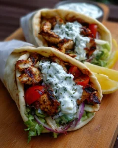 Mediterranean Chicken Gyros with creamy feta tzatziki in a pita bread