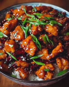 Plate of flavorful Mongolian Chicken served with vegetables and rice