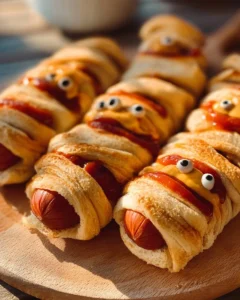 Plate of spooky Mummy Hot Dogs wrapped in dough for Halloween