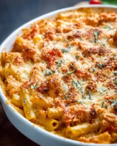 Five Cheese Ziti Al Forno dish with gooey melted cheese and baked pasta