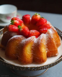 Delicious pineapple bundt cake topped with fresh sweet strawberries