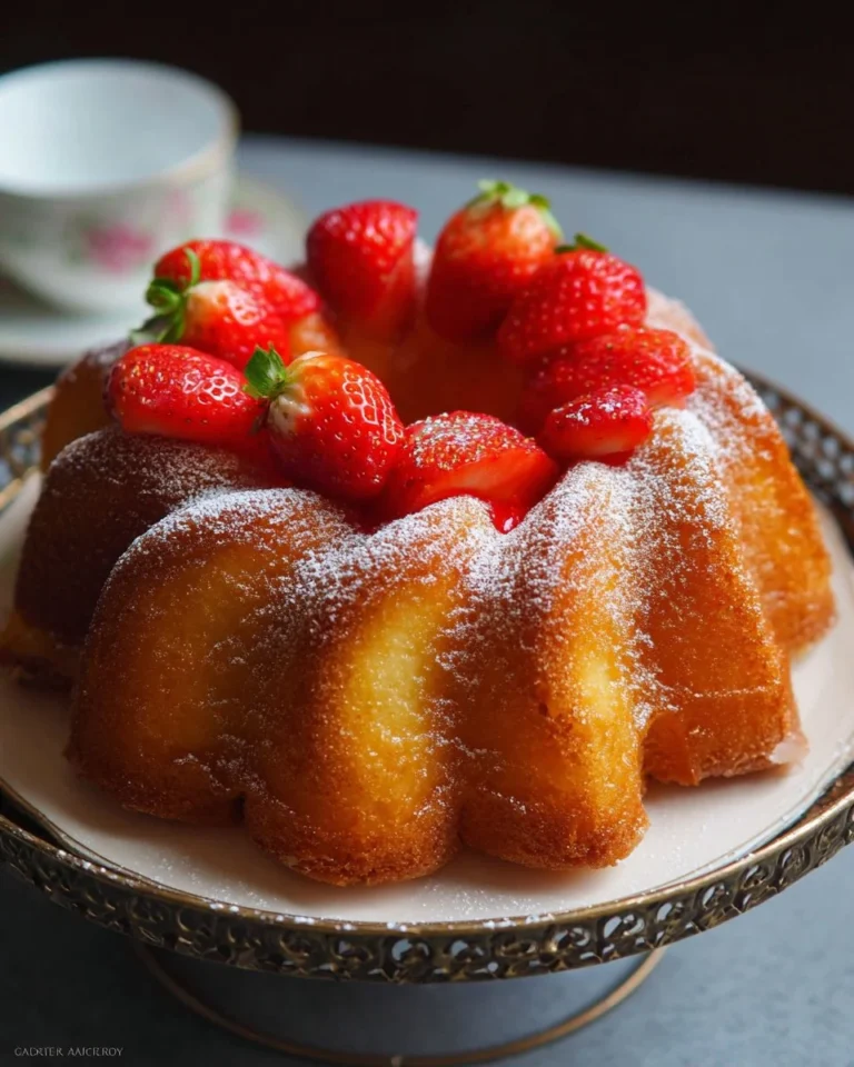Delicious pineapple bundt cake topped with fresh sweet strawberries