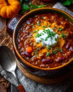 A bowl of delicious pumpkin chili garnished with herbs and spices