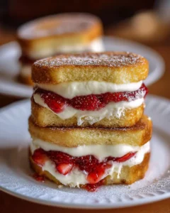 Delicious fried strawberry cheesecake sandwiches served on a plate