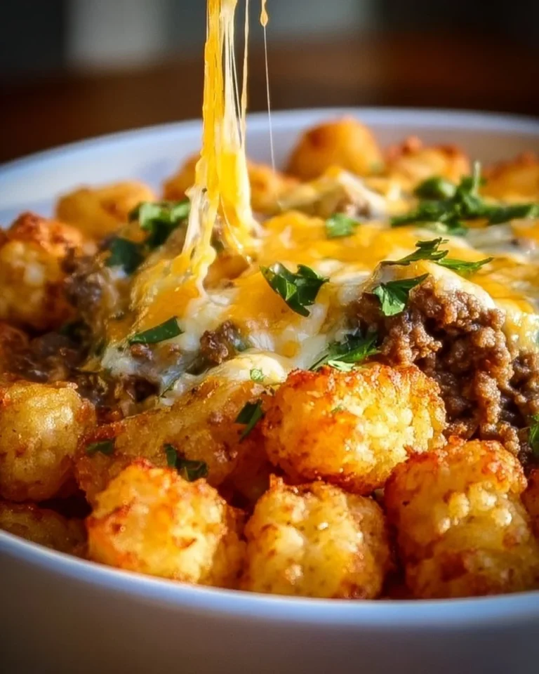 Deliciously baked Tater Tot Casserole topped with golden tater tots and cheese