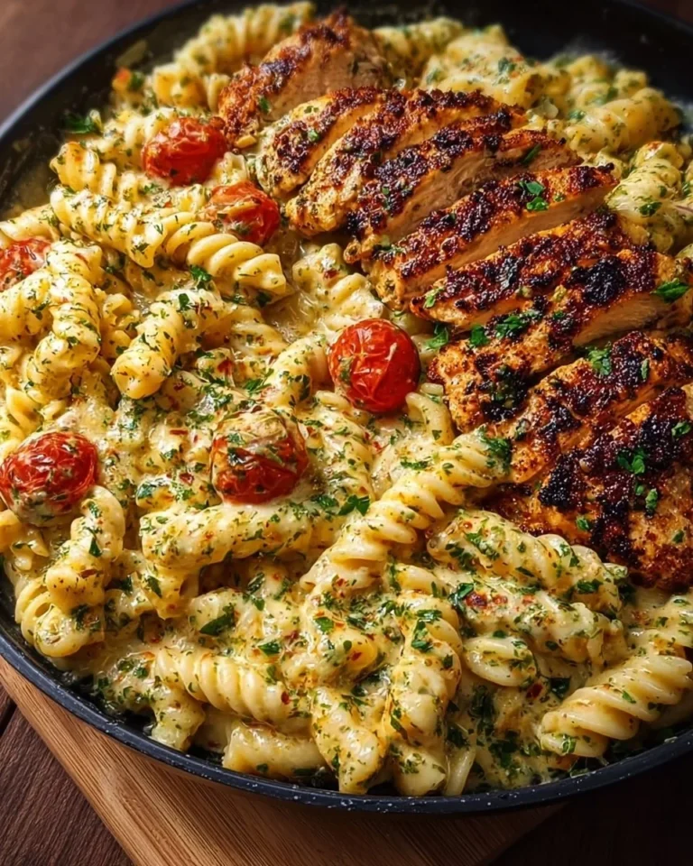 Creamy garlic parmesan chicken pasta dish with herbs and parmesan cheese
