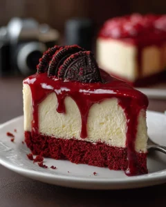 Vampire Bite Red Velvet Cheesecake with gothic decorations and cream cheese frosting