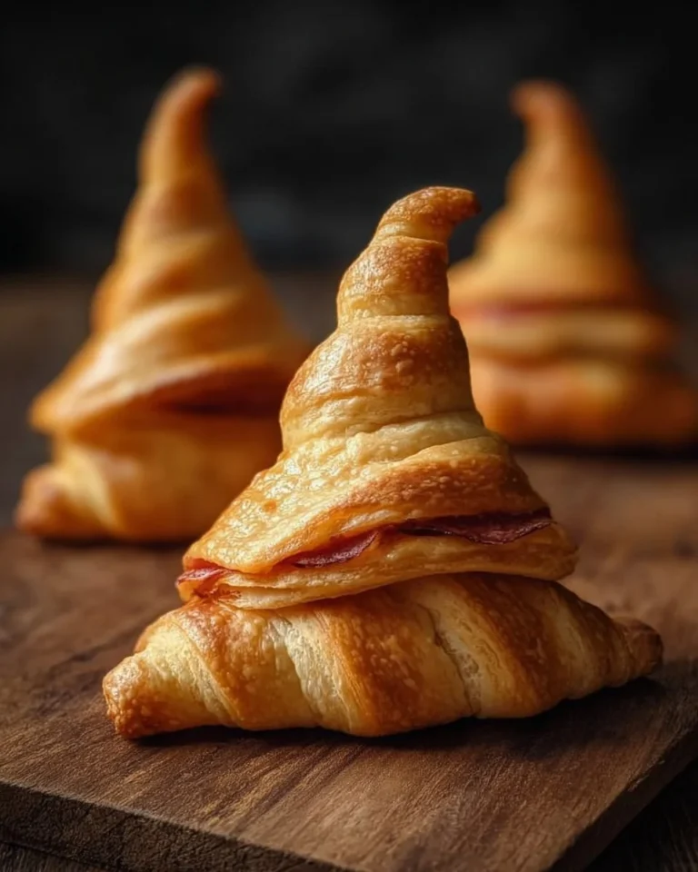 Witch Hat Crescent Rolls shaped like Halloween hats made from crescent rolls