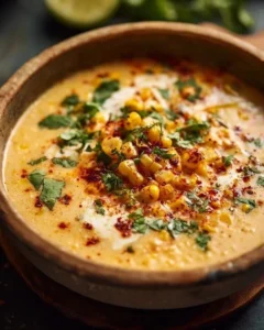 Bowl of Mexican street corn soup with corn and spices