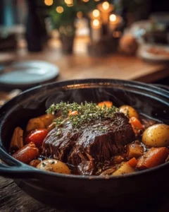 Tender pot roast cooking in a crock pot for a cozy family meal