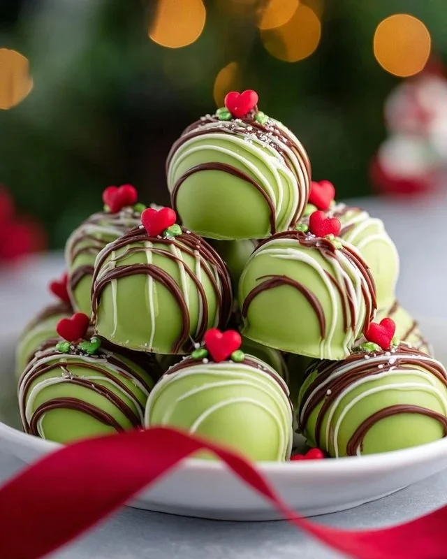 Delicious Grinch Christmas Truffles with festive green and red decorations