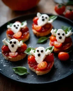 Ghostly caprese bites on Boo-schetta for Halloween