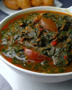 Delicious bowl of Afang Soup made with vegetables and meat