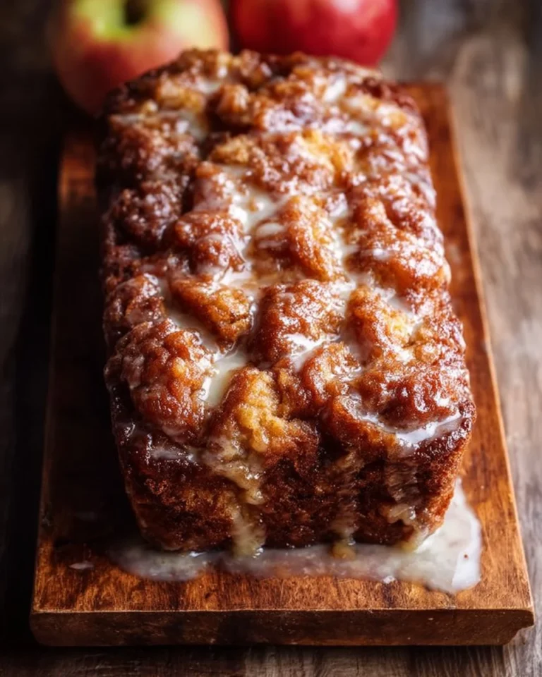 Amish apple fritter bread served on a rustic wooden table with a cinnamon glaze