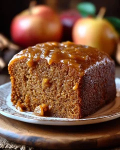 Amish Applesauce Cake slice on a plate decorated with cinnamon and apples