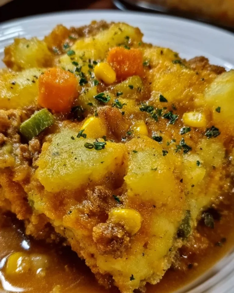 Amish Harvest Casserole served on a rustic table