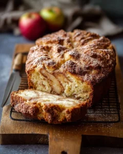 Freshly baked apple bread topped with nuts and cinnamon, perfect for fall.