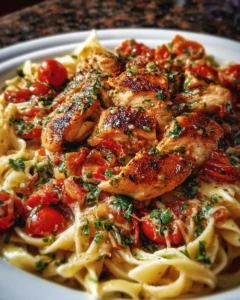 Delicious Bruschetta Chicken Pasta garnished with fresh basil and tomatoes