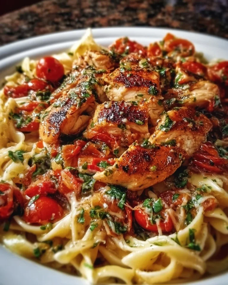 Delicious Bruschetta Chicken Pasta garnished with fresh basil and tomatoes