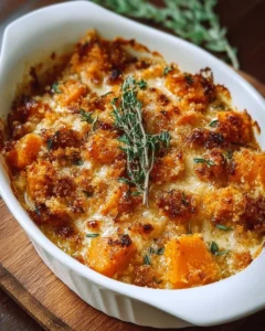 Delicious butternut squash casserole topped with herbs and cheese