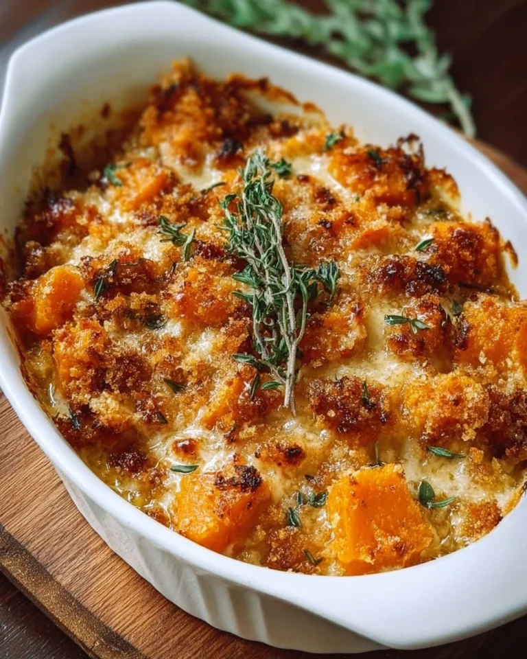 Delicious butternut squash casserole topped with herbs and cheese