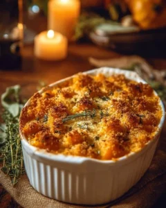 Delicious butternut squash casserole served in a baking dish