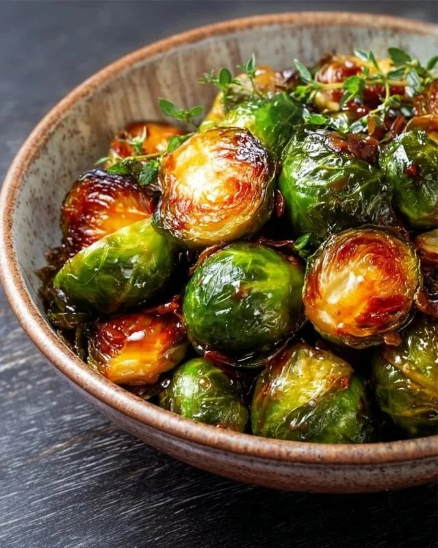 A plate of caramelised Brussels sprouts, crispy and golden brown, ready to serve.